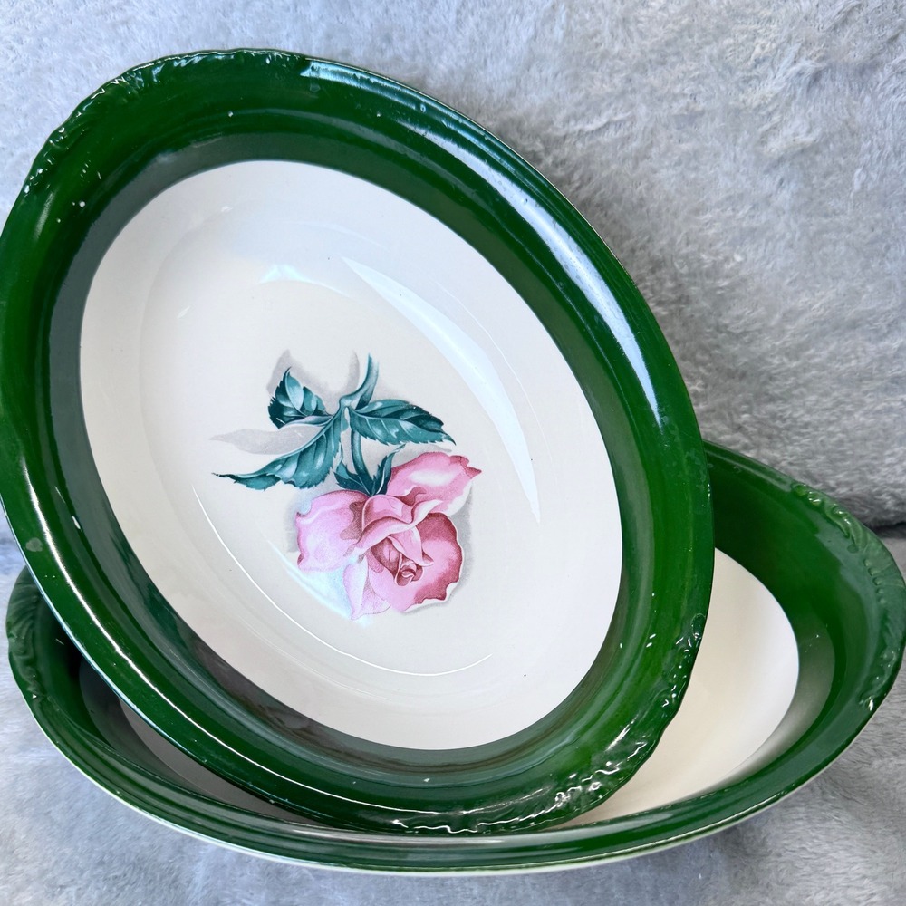 Vintage Nautilus Rose Oval Bowls Grannycore Set of 2 Green Rim Floral Made USA - Picture 1 of 12